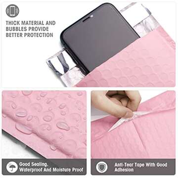 Metronic 4x8 Inch Bubble Mailer 50 Pack, Waterproof Self Seal Adhesive Shipping Bags, Cushioning Padded Envelopes for Shipping, Mailing, Packaging, Light Pink Bulk #000, Bubble Mailers Usable Size 4x7