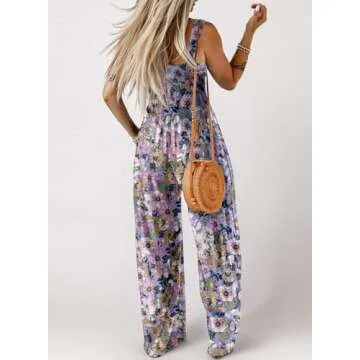Dokotoo Womens Overalls Purple Jumpsuits for Women Casual Loose Fit Solid Color Wide Leg One Piece Sleeveless Jumpsuit Printed Long Pant Rompers with Pockets Medium