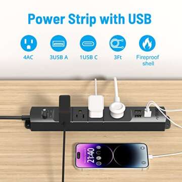 TROND Surge Protector Power Strip with USB, Ultra Thin Flat Plug 3ft Extension Cord 1625W, 3 USB A &...