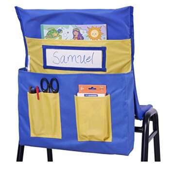 Mage’s Pocket Chair Pocket for Classroom, Seat Back Organizer for Preschool Classroom with Name Tag and 6 Storage Pockets, Blue & Yellow