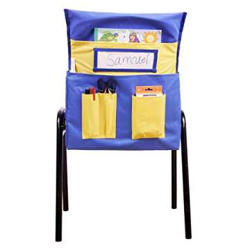 Mage’s Pocket Chair Pocket for Classroom, Seat Back Organizer for Preschool Classroom with Name Tag and 6 Storage Pockets, Blue & Yellow