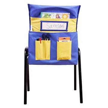 Mage’s Pocket Chair Pocket for Classroom, Seat Back Organizer for Preschool Classroom with Name Tag and 6 Storage Pockets, Blue & Yellow