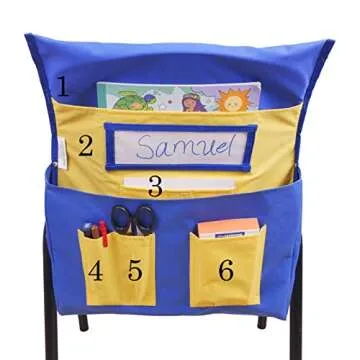 Mage’s Pocket Chair Pocket for Classroom, Seat Back Organizer for Preschool Classroom with Name Tag and 6 Storage Pockets, Blue & Yellow