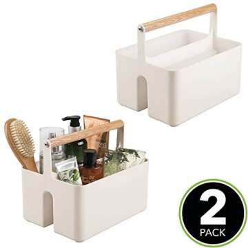 mDesign (2 Pack Bathroom Storage Basket - Cosmetic Box with Handle - Portable 2 Compartment Storage Box - Beige and Natural