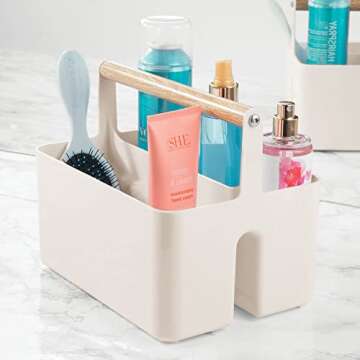 mDesign (2 Pack Bathroom Storage Basket - Cosmetic Box with Handle - Portable 2 Compartment Storage Box - Beige and Natural