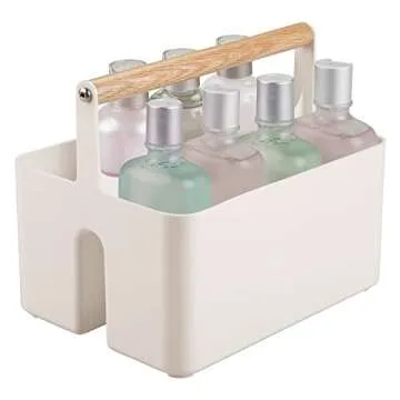 mDesign (2 Pack Bathroom Storage Basket - Cosmetic Box with Handle - Portable 2 Compartment Storage Box - Beige and Natural