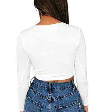 Artfish Women Long Sleeve Scoop V Neck Crop Top Sexy Slim Fitted Shirts White, M