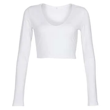 Artfish Women Long Sleeve Scoop V Neck Crop Top Sexy Slim Fitted Shirts White, M