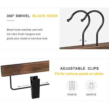 TOPIA HANGER Pants Hangers, Wooden Skirt Hangers with Adjustable Metal Clips, Premium Retro Finish and 360° Swivel Black Hook, Jean Hangers for Closet,10 Pack, CT03A