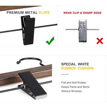 TOPIA HANGER Pants Hangers, Wooden Skirt Hangers with Adjustable Metal Clips, Premium Retro Finish and 360° Swivel Black Hook, Jean Hangers for Closet,10 Pack, CT03A