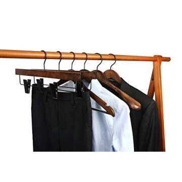 TOPIA HANGER Pants Hangers, Wooden Skirt Hangers with Adjustable Metal Clips, Premium Retro Finish and 360° Swivel Black Hook, Jean Hangers for Closet,10 Pack, CT03A