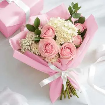 YTDEK 20 Sheets Flower Wrapping Paper Light Pink Floral Bouquet Wrapping Paper with Ribbon, Waterproof Wrap Paper Florist Supplies for Birthday Wedding Anniversary