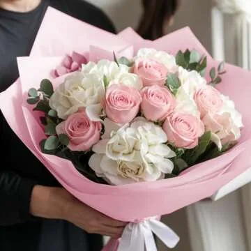 YTDEK 20 Sheets Flower Wrapping Paper Light Pink Floral Bouquet Wrapping Paper with Ribbon, Waterproof Wrap Paper Florist Supplies for Birthday Wedding Anniversary