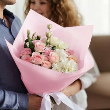 YTDEK 20 Sheets Flower Wrapping Paper Light Pink Floral Bouquet Wrapping Paper with Ribbon, Waterproof Wrap Paper Florist Supplies for Birthday Wedding Anniversary