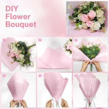 YTDEK 20 Sheets Flower Wrapping Paper Light Pink Floral Bouquet Wrapping Paper with Ribbon, Waterproof Wrap Paper Florist Supplies for Birthday Wedding Anniversary