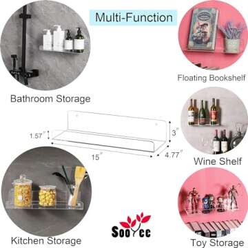 Sooyee Acrylic Shelves,6 Pack 15 Inch Floating Wall Shelves, Funko Pop Display Shelf,Invisible Kids Book Shelf,Picture Ledge Shelf Decor, Plastic Bathroom Wall Shelves,Clear
