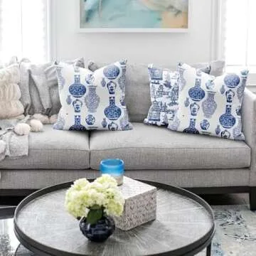 SMF Chinoiserie Pillow Covers 18x18 Set of 2,Blue and White Linen Pillow Cover Chinoiserie Decor Outdoor Pillow Covers for Couch Pillows Living Room Bedroom