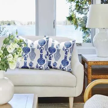 SMF Chinoiserie Pillow Covers 18x18 Set of 2,Blue and White Linen Pillow Cover Chinoiserie Decor Outdoor Pillow Covers for Couch Pillows Living Room Bedroom