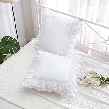 Meaning4 Lace White Euro Shams Throw Pillow Covers Cushion Cases with Ruffles Cotton 20"X20" Zipper Closure Luxury Elegant 2-Pack