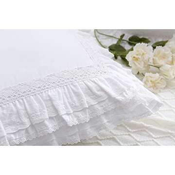Meaning4 Lace White Euro Shams Throw Pillow Covers Cushion Cases with Ruffles Cotton 20"X20" Zipper Closure Luxury Elegant 2-Pack