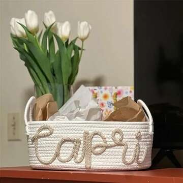 Personalized Baby Name Basket Cotton Rope Basket Diaper Caddy Custom Cotton Rope Room Shelf Storage Basket, Baby Stuff Organizer Storage Bin, Decorative Round Bin for Nursery Bedroom Bathroom(Style A)