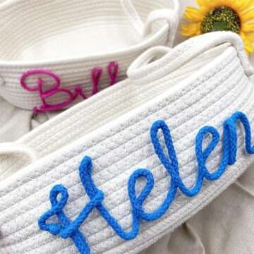 Personalized Baby Name Basket Cotton Rope Basket Diaper Caddy Custom Cotton Rope Room Shelf Storage Basket, Baby Stuff Organizer Storage Bin, Decorative Round Bin for Nursery Bedroom Bathroom(Style A)
