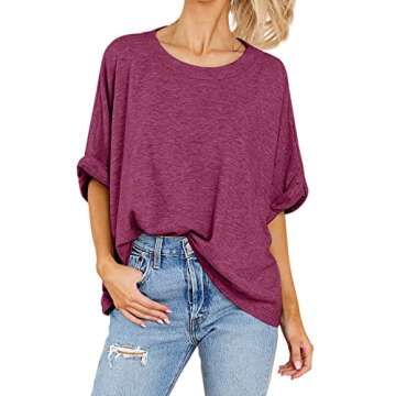 Women Oversized T-Shirt Summer Casual Short Sleeve Loose Tee Tops in Wine Red
