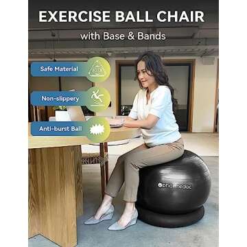 Pharmedoc Exercise Ball Chair with Back Support for Home and Office w/Exercise Yoga Balance Ball, Pump, Removable Back & Lockable Wheels