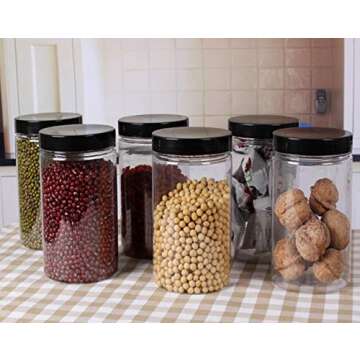 Lawei 8 Pack 34 oz Clear Plastic Jars with Black Lids - Plastic Food Storage Jars for Kitchen & Household Storage of Dry Goods, Nuts, Cookie and more