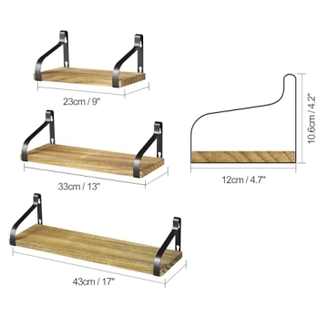 Love-KANKEI Floating Shelves Wall Mounted Set of 3, Rustic Wood Wall Storage Shelves for Bedroom, Living Room, Bathroom, Kitchen, Office and More Carbonized Black