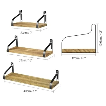 Love-KANKEI Floating Shelves Wall Mounted Set of 3, Rustic Wood Wall Storage Shelves for Bedroom, Living Room, Bathroom, Kitchen, Office and More Carbonized Black