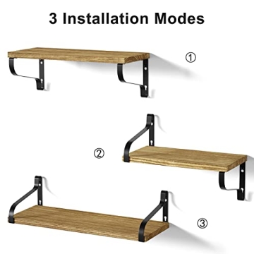 Love-KANKEI Floating Shelves Wall Mounted Set of 3, Rustic Wood Wall Storage Shelves for Bedroom, Living Room, Bathroom, Kitchen, Office and More Carbonized Black