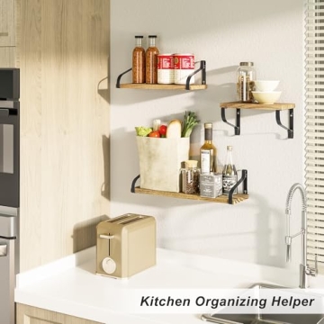 Love-KANKEI Floating Shelves Wall Mounted Set of 3, Rustic Wood Wall Storage Shelves for Bedroom, Living Room, Bathroom, Kitchen, Office and More Carbonized Black