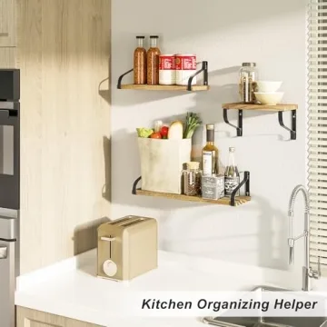 Love-KANKEI Floating Shelves Wall Mounted Set of 3, Rustic Wood Wall Storage Shelves for Bedroom, Living Room, Bathroom, Kitchen, Office and More Carbonized Black