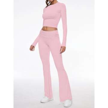 AnotherChill Women's 2 Piece Lounge Sets Fold-over Flare Pants Set Long Sleeve Cropped Top Casual Ou...