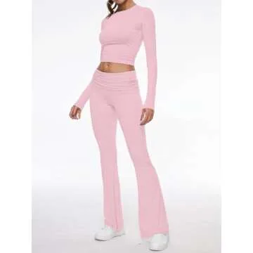 AnotherChill Women's 2 Piece Lounge Sets Fold-over Flare Pants Set Long Sleeve Cropped Top Casual Ou...
