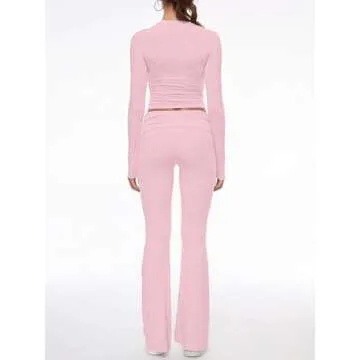 AnotherChill Women's 2 Piece Lounge Sets Fold-over Flare Pants Set Long Sleeve Cropped Top Casual Outfits Pajamas (Pink, X-Small Petite)