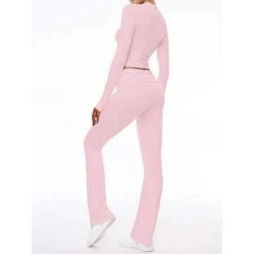AnotherChill Women's 2 Piece Lounge Sets Fold-over Flare Pants Set Long Sleeve Cropped Top Casual Outfits Pajamas (Pink, X-Small Petite)
