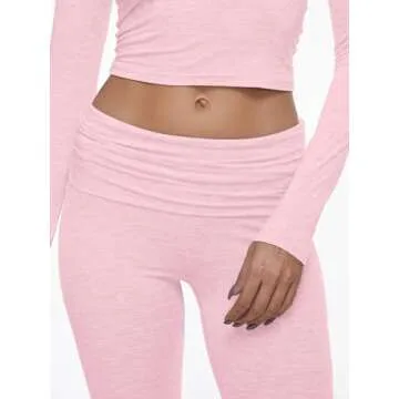 AnotherChill Women's 2 Piece Lounge Sets Fold-over Flare Pants Set Long Sleeve Cropped Top Casual Outfits Pajamas (Pink, X-Small Petite)