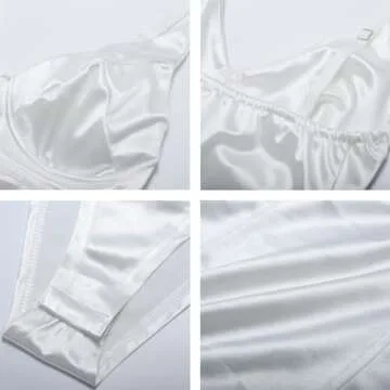 Velius Women's Sexy Deep V Neck Shiny Bodysuit in White