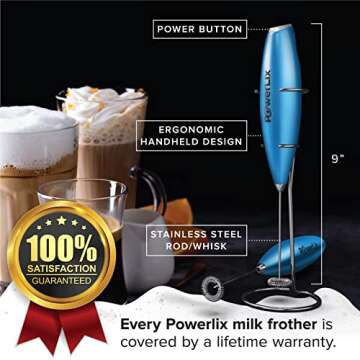 PowerLix Milk Frother Handheld Battery Operated Electric Whisk Foam Maker For Coffee, Latte, Cappuccino, Hot Chocolate, Durable Mini Drink Mixer With Stainless Steel Stand Included (Blue Breeze)