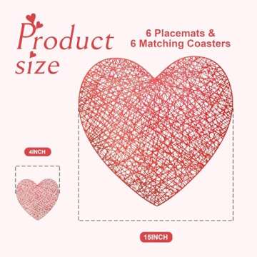 Red Love Heart Placemats and Matching Coaster Set of 6 Mothers Day Decor Valentines Table Decoration...