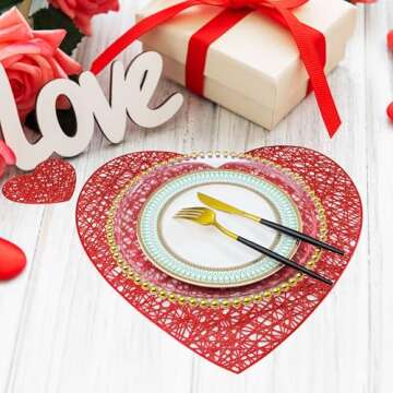 Red Love Heart Placemats and Matching Coaster Set of 6 Mothers Day Decor Valentines Table Decorations for Wedding Romantic Night Anniversary Party Metallic Pressed Vinyl 15 inch by Snowkingdom