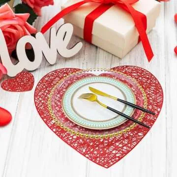 Red Love Heart Placemats and Matching Coaster Set of 6 Mothers Day Decor Valentines Table Decorations for Wedding Romantic Night Anniversary Party Metallic Pressed Vinyl 15 inch by Snowkingdom