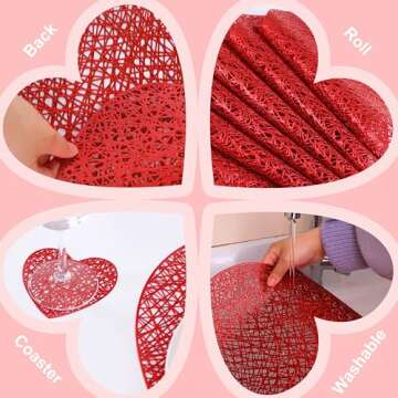 Red Love Heart Placemats and Matching Coaster Set of 6 Mothers Day Decor Valentines Table Decorations for Wedding Romantic Night Anniversary Party Metallic Pressed Vinyl 15 inch by Snowkingdom