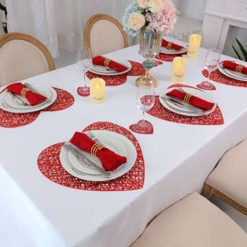 Red Love Heart Placemats and Matching Coaster Set of 6 Mothers Day Decor Valentines Table Decorations for Wedding Romantic Night Anniversary Party Metallic Pressed Vinyl 15 inch by Snowkingdom