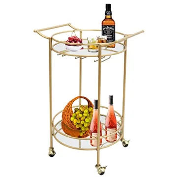 Gold Bar Cart with Wheels, Round Bar Serving Cart for The Home, Rolling Liquo Cart with 2 Mirror She...