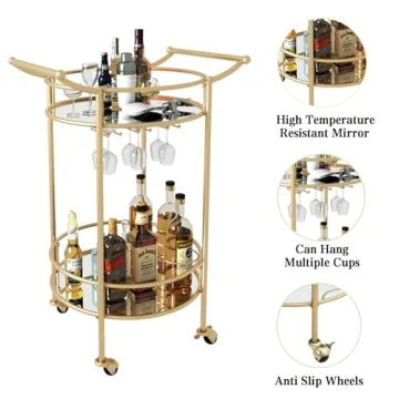 Elegant Gold Wine Bar Cart with Wheels for Home