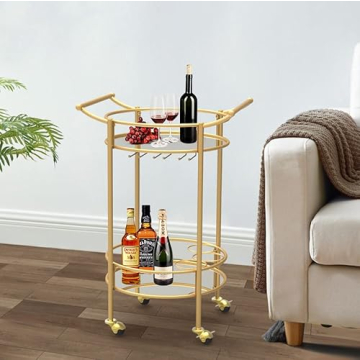 Elegant Gold Wine Bar Cart with Wheels for Home