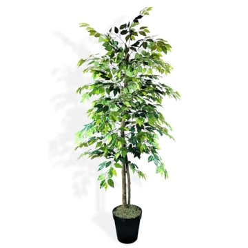 LCG Florals- Artificial Ficus Tree with Real-Wood Trunk & Black Plastic Pot - Indoor and Outdoor Fau...